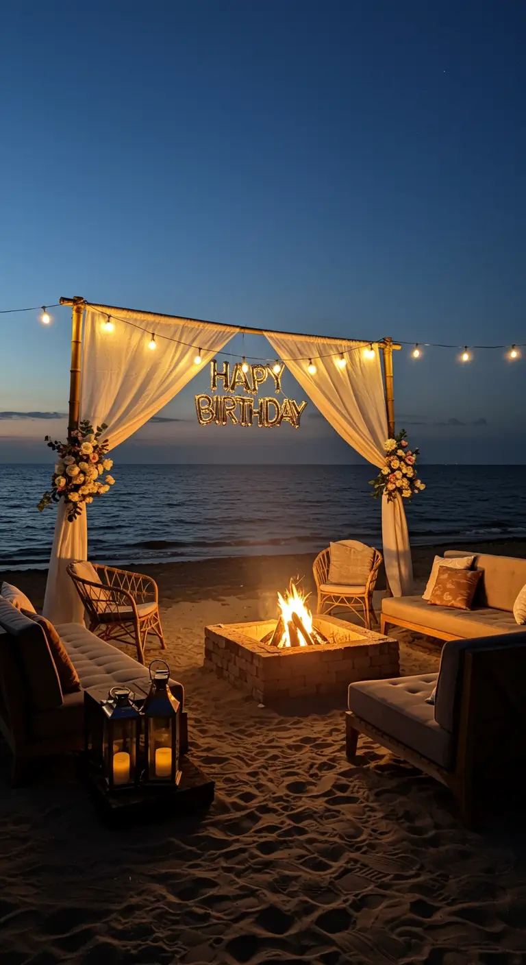 A beach bonfire setup with a draped arch, 'Happy Birthday' balloons, and seating around a fire pit.