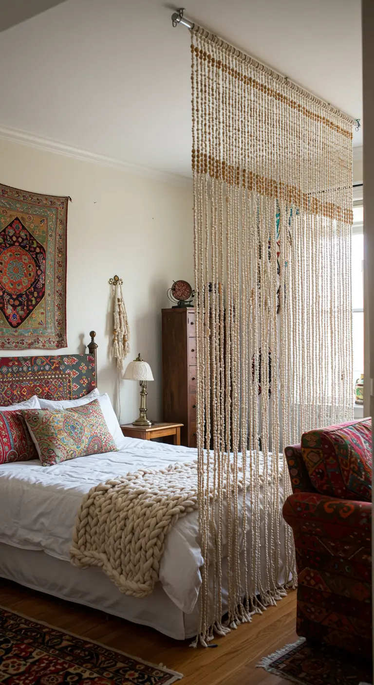 A bohemian bedroom with a beaded curtain separating it from the rest of the apartment.
