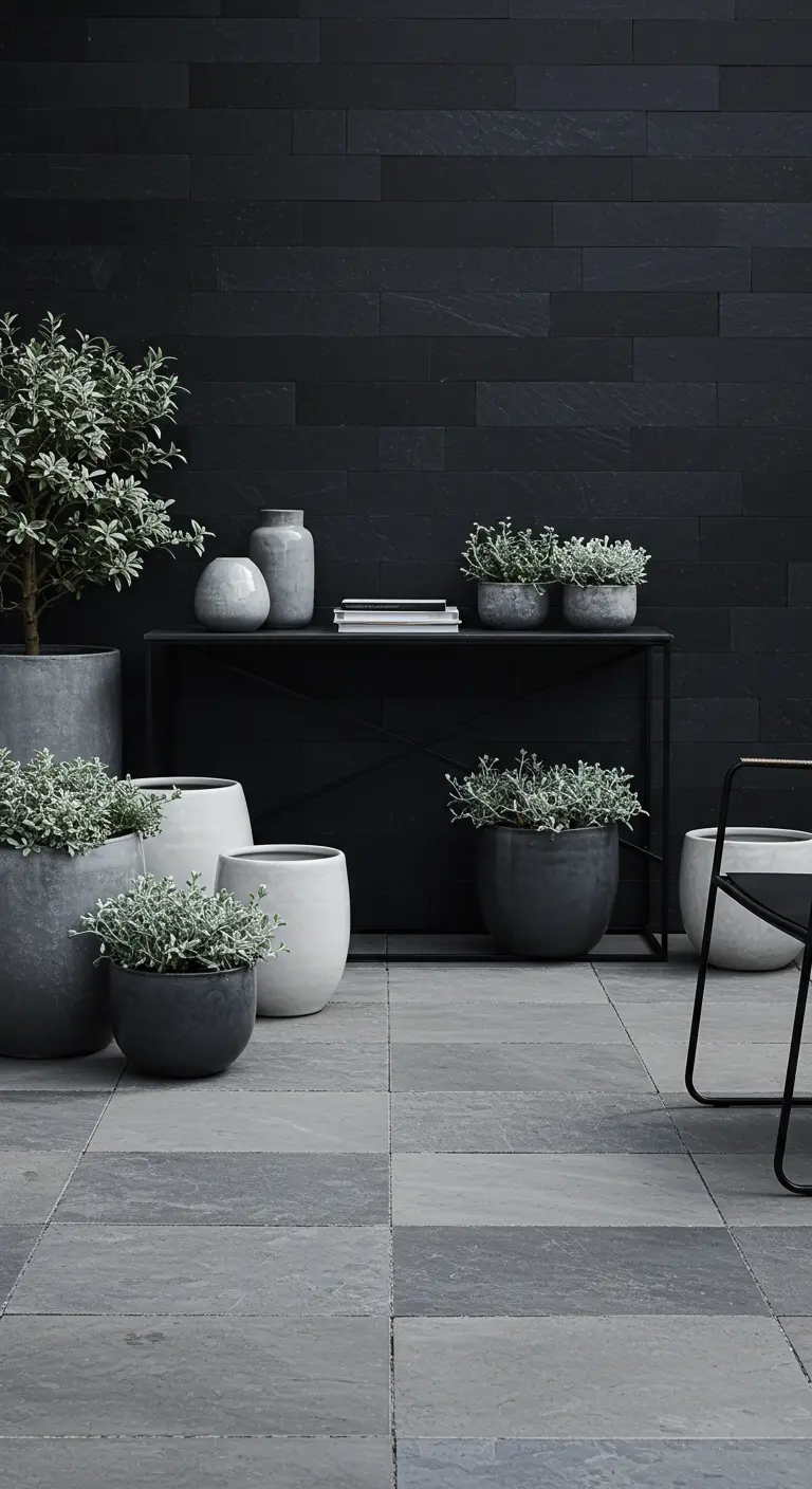 A collection of grey and white textured planters on a patio with a dark slate wall.