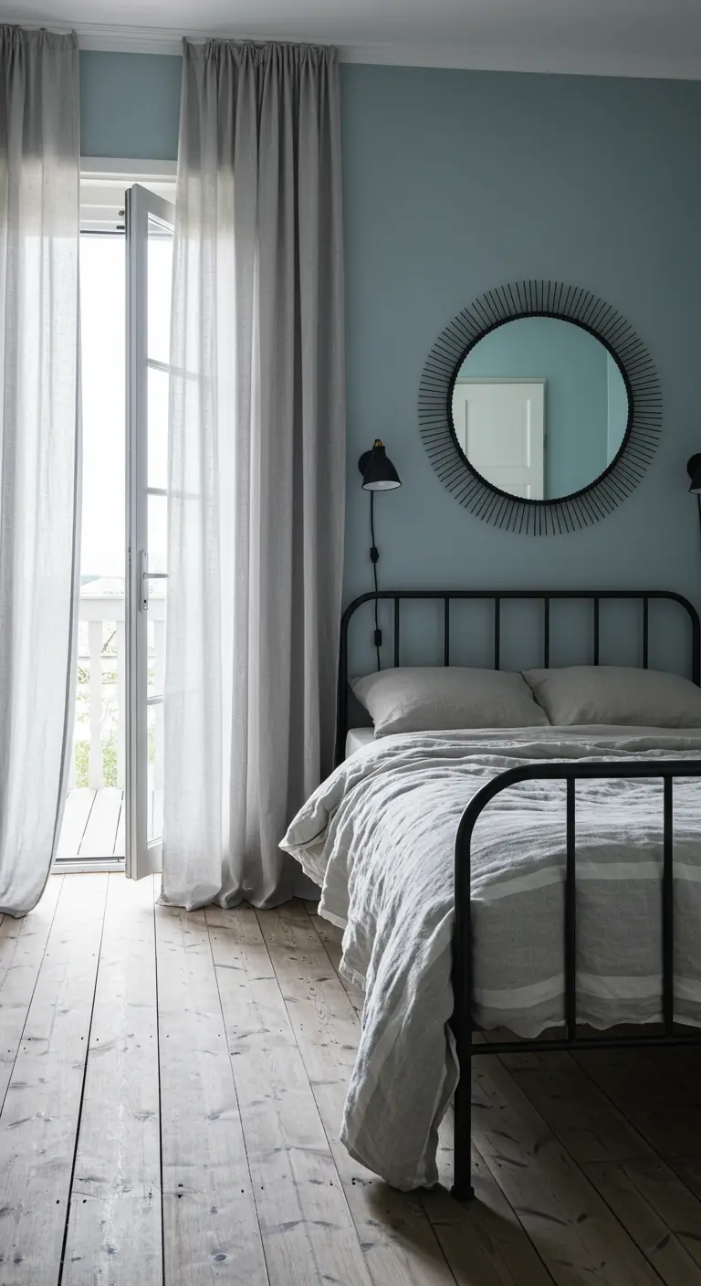 Light-filled bedroom with gray linen curtains, a black metal bed, and a sunburst mirror.