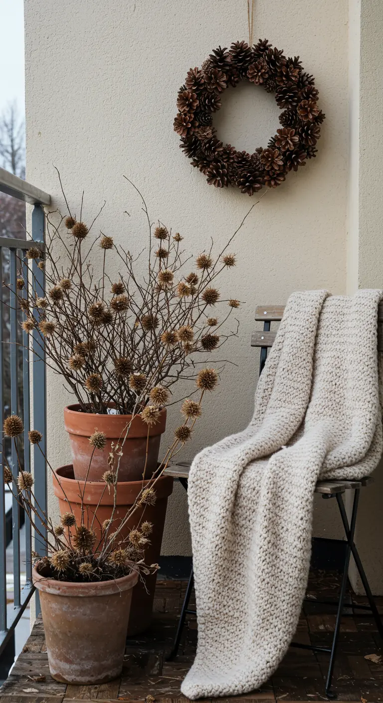 Dried thistle flowers in stacked terracotta pots on a balcony with a knit throw.