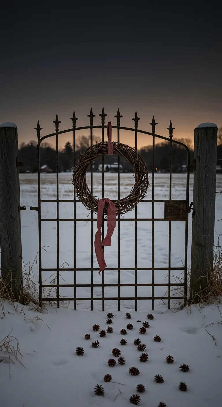 A simple twig wreath with a weathered pink ribbon on an old iron gate in a snowy field at dusk.