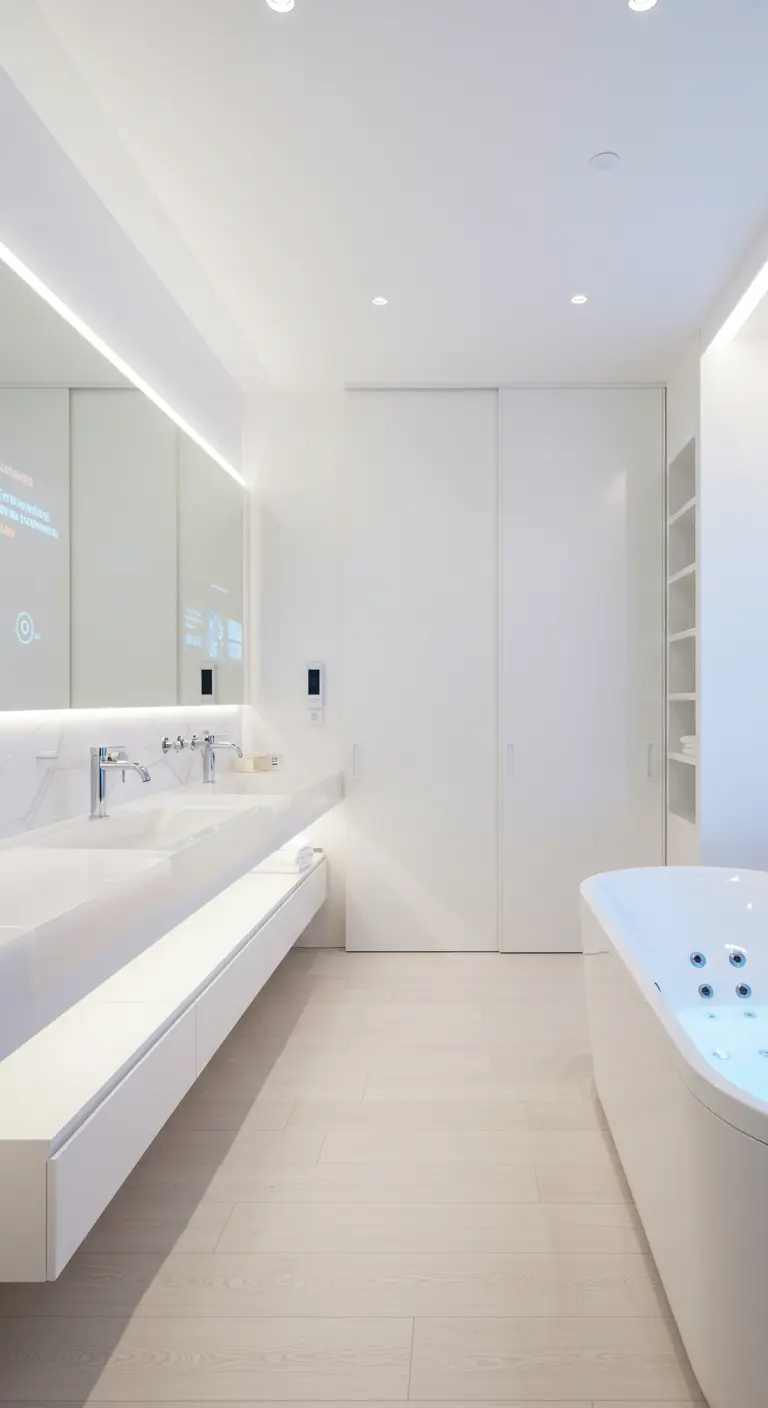 Minimalist white bathroom with a long floating vanity and seamless storage.