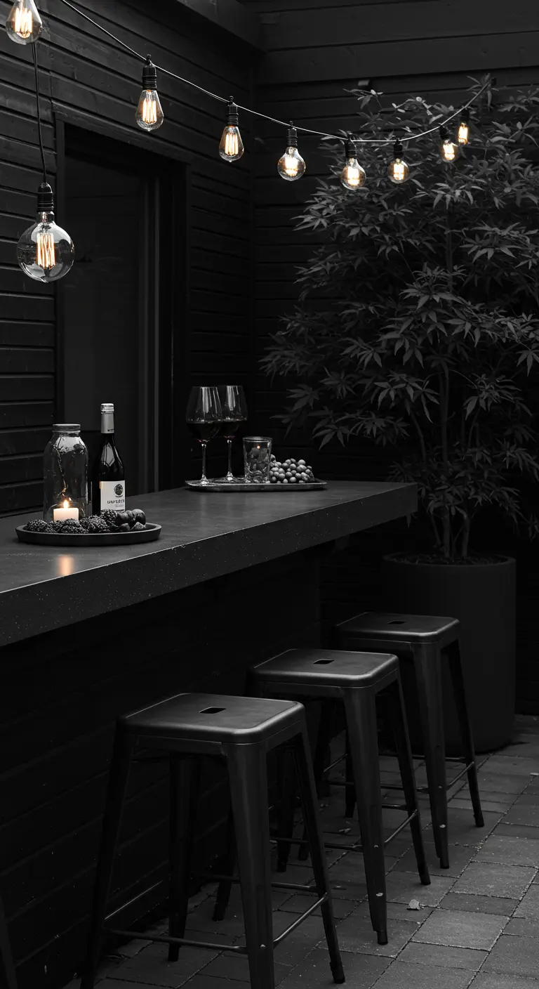 A sleek, all-black outdoor bar setup with a potted Japanese maple.