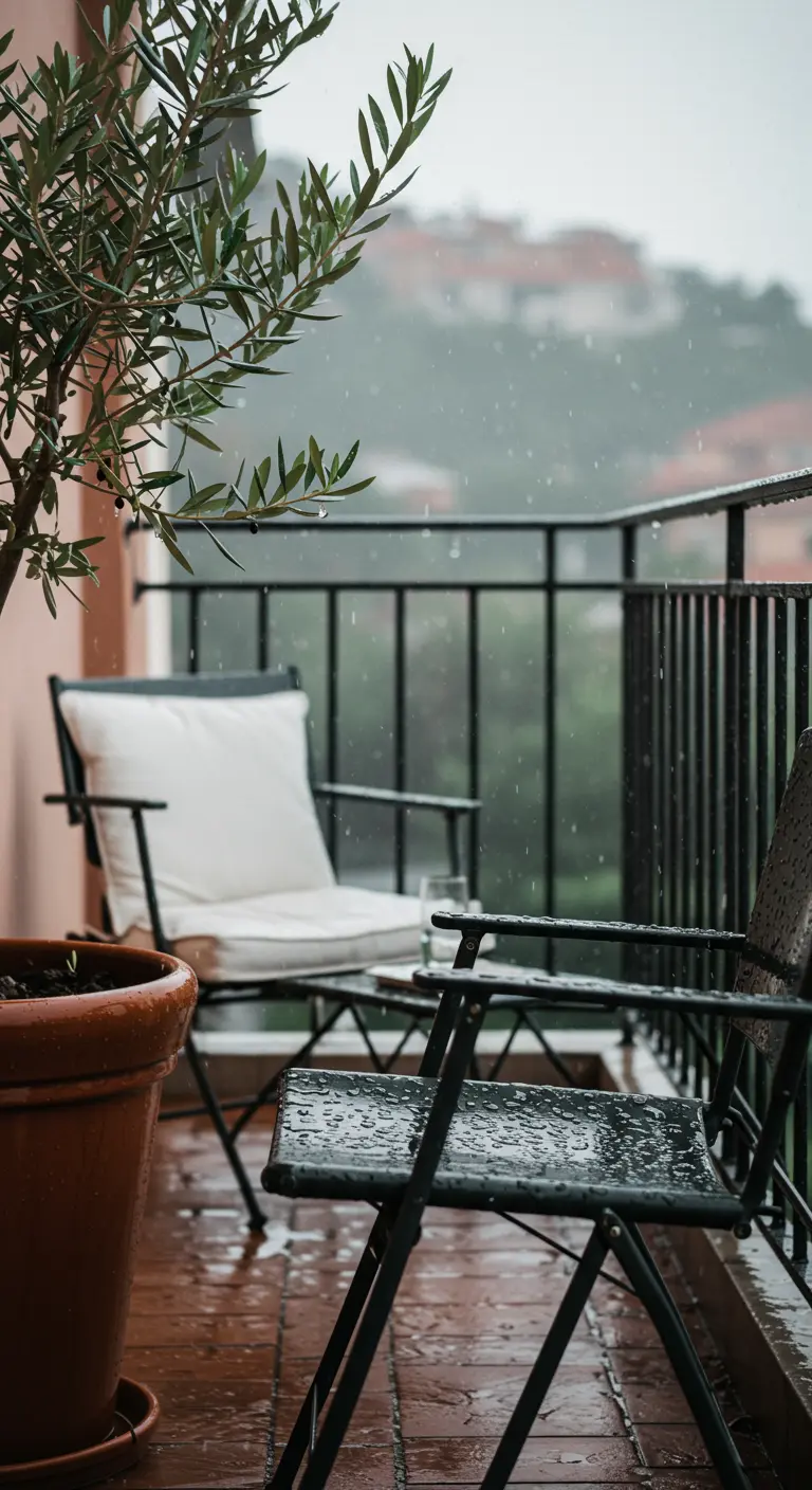 A black metal bistro set on a wet balcony during a rain shower.