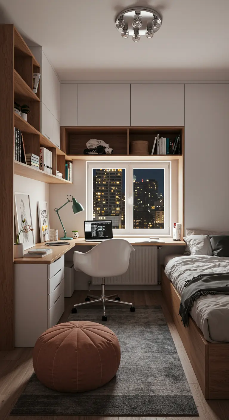 A compact bedroom with a built-in wooden desk and shelving unit next to a bed by a large window.