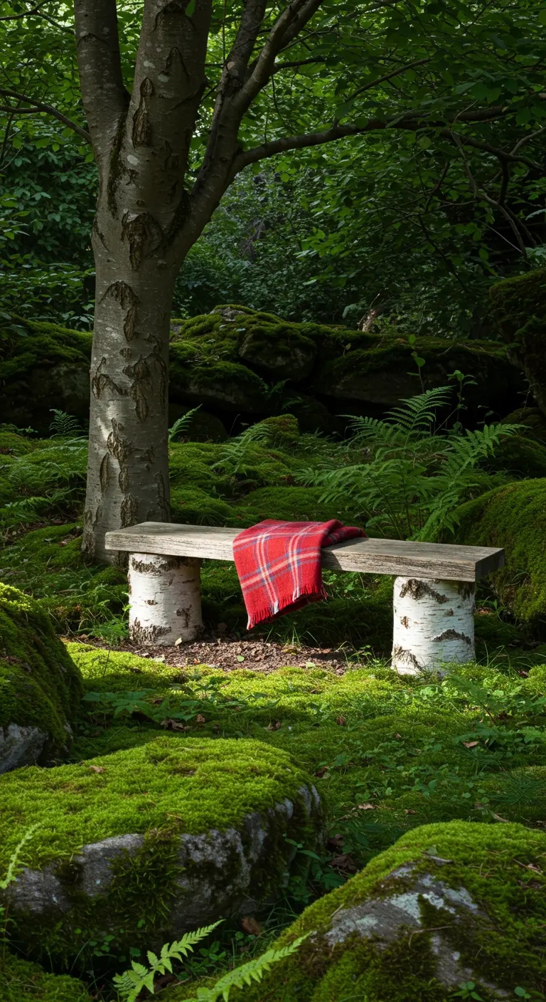 Rustic wooden bench with birch log legs and a red plaid blanket in a mossy woodland setting.