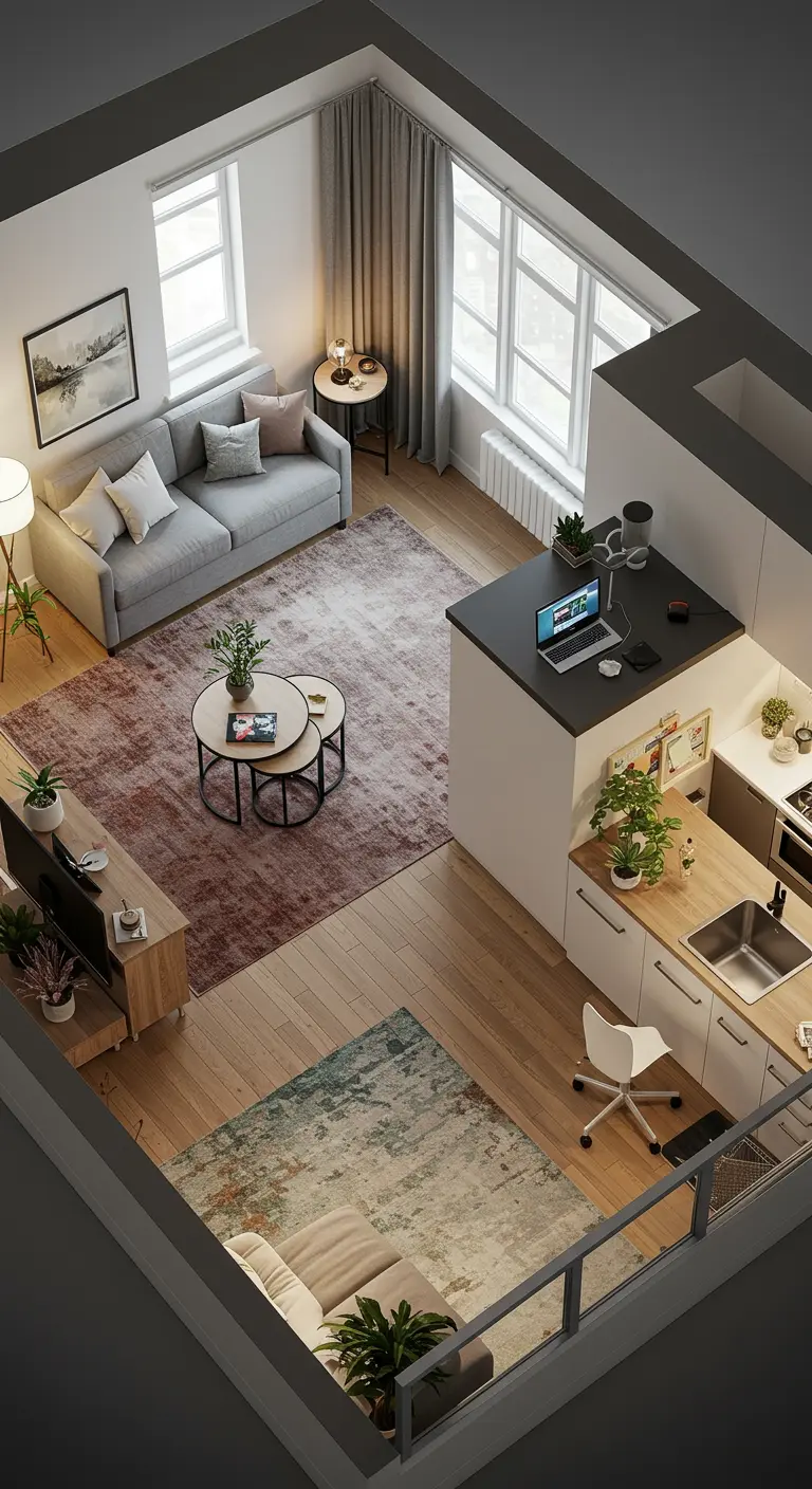 An aerial view of an open-plan apartment showing how rugs and furniture placement create different zones.