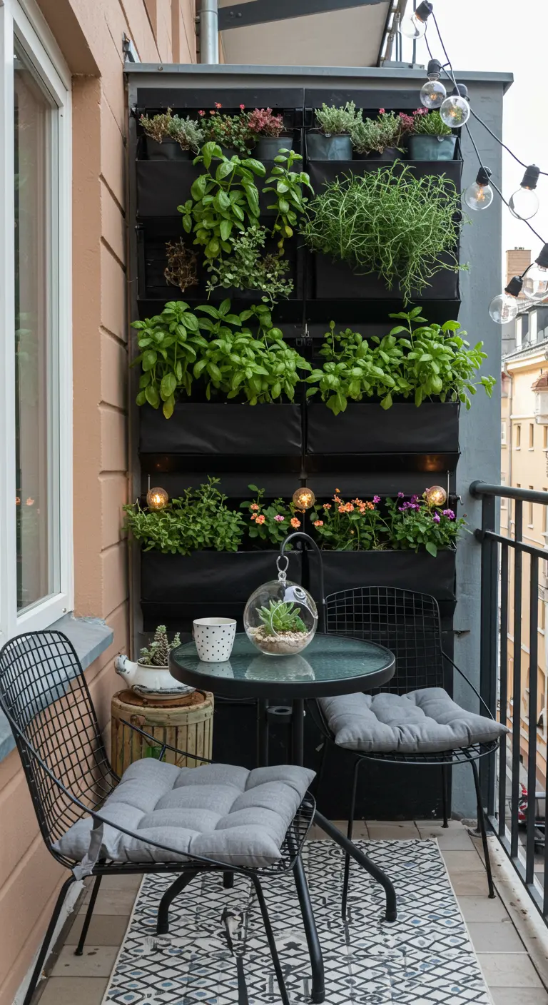 A small balcony with a vertical herb garden and a glass terrarium on a bistro table.