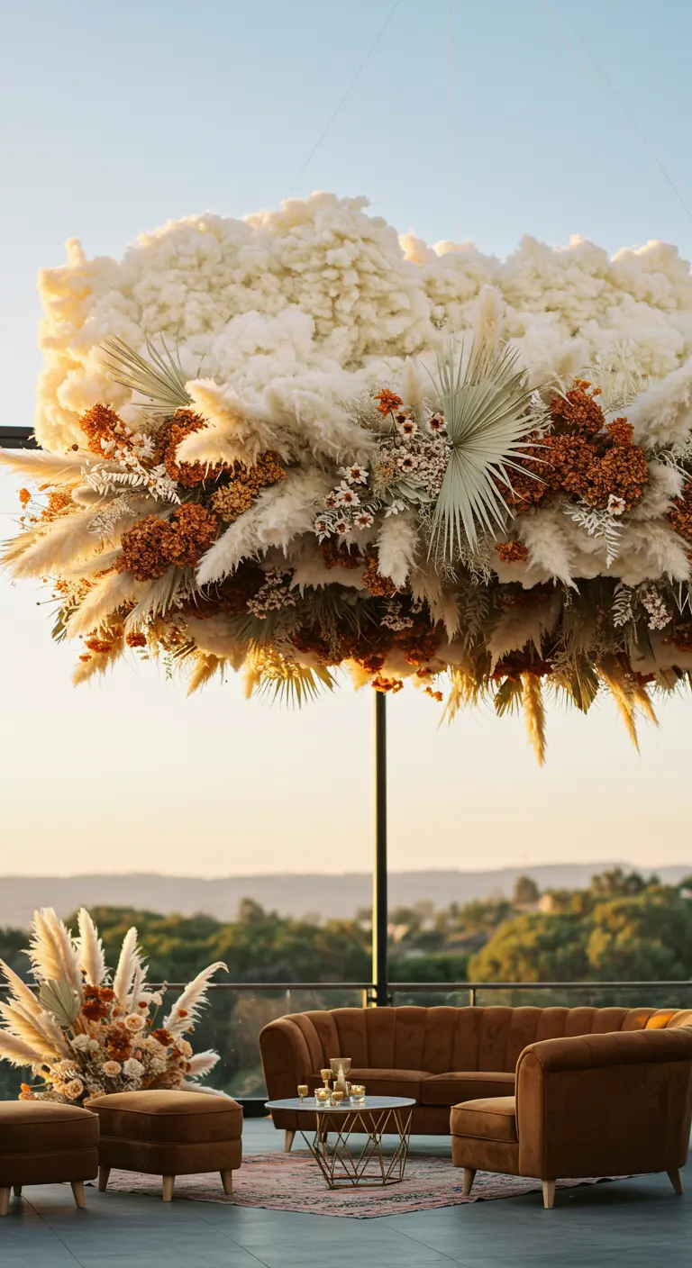 A massive, cloud-like chandelier of pampas grass and dried florals over a lounge area.
