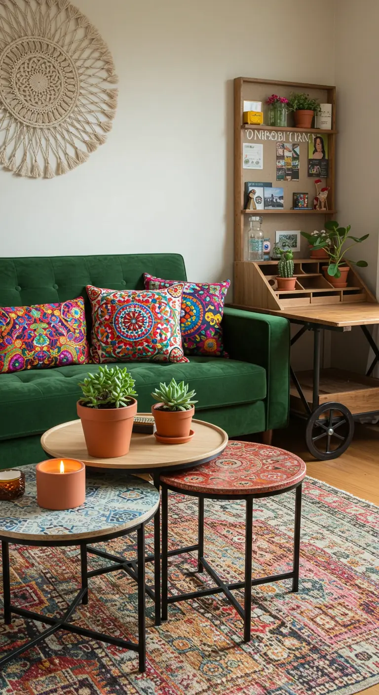 A bohemian living room with a green velvet sofa, patterned nesting tables, and a mobile cart.