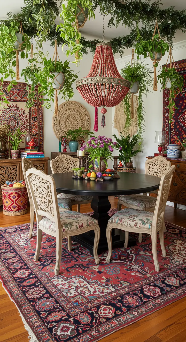 A bohemian dining room with a round black table, ornate chairs, and numerous plants.