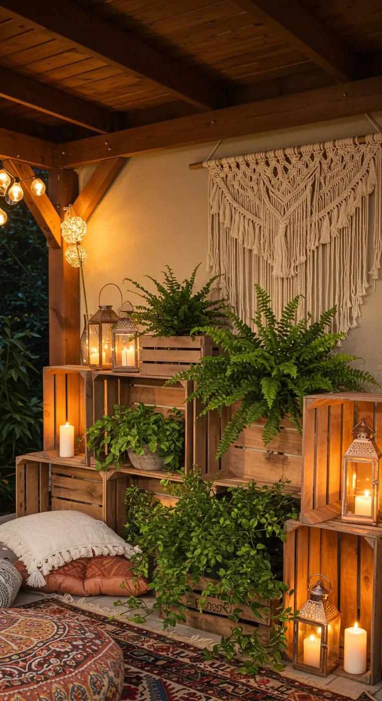 A bohemian-style outdoor seating area with stacked crates, ferns, lanterns, cushions, and a macrame hanging.