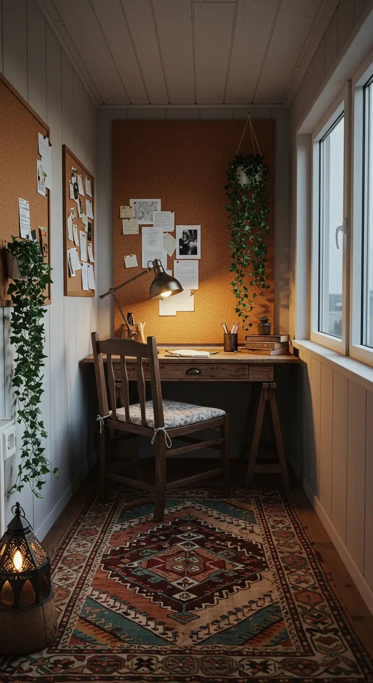 An enclosed balcony turned into a home office with a wooden desk and a kilim rug.