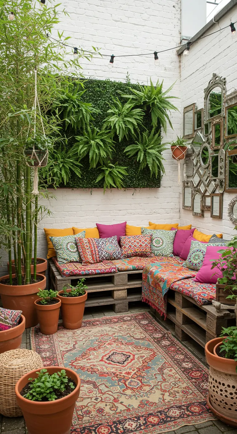A cozy patio corner with a pallet sofa and a gallery wall of mismatched mirrors.