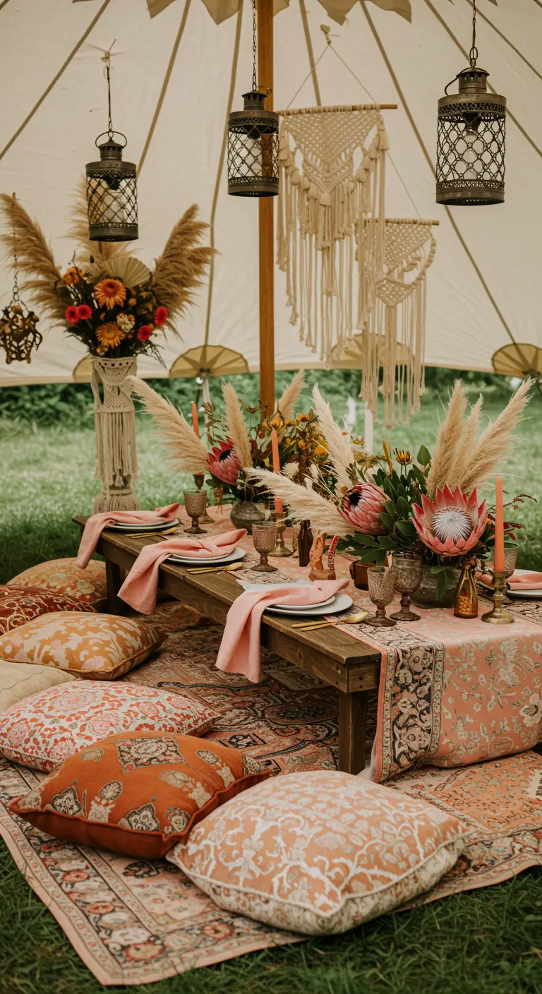 Boho picnic setup with a low table, floor cushions, pampas grass, and lanterns.