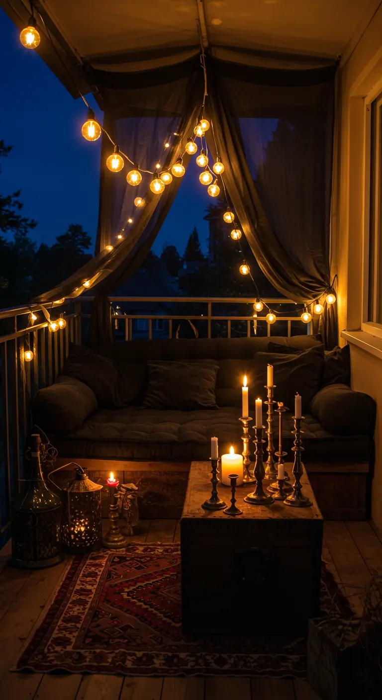 A cozy, bohemian balcony with a dark sofa, draped fabric, a patterned rug, and many candles.