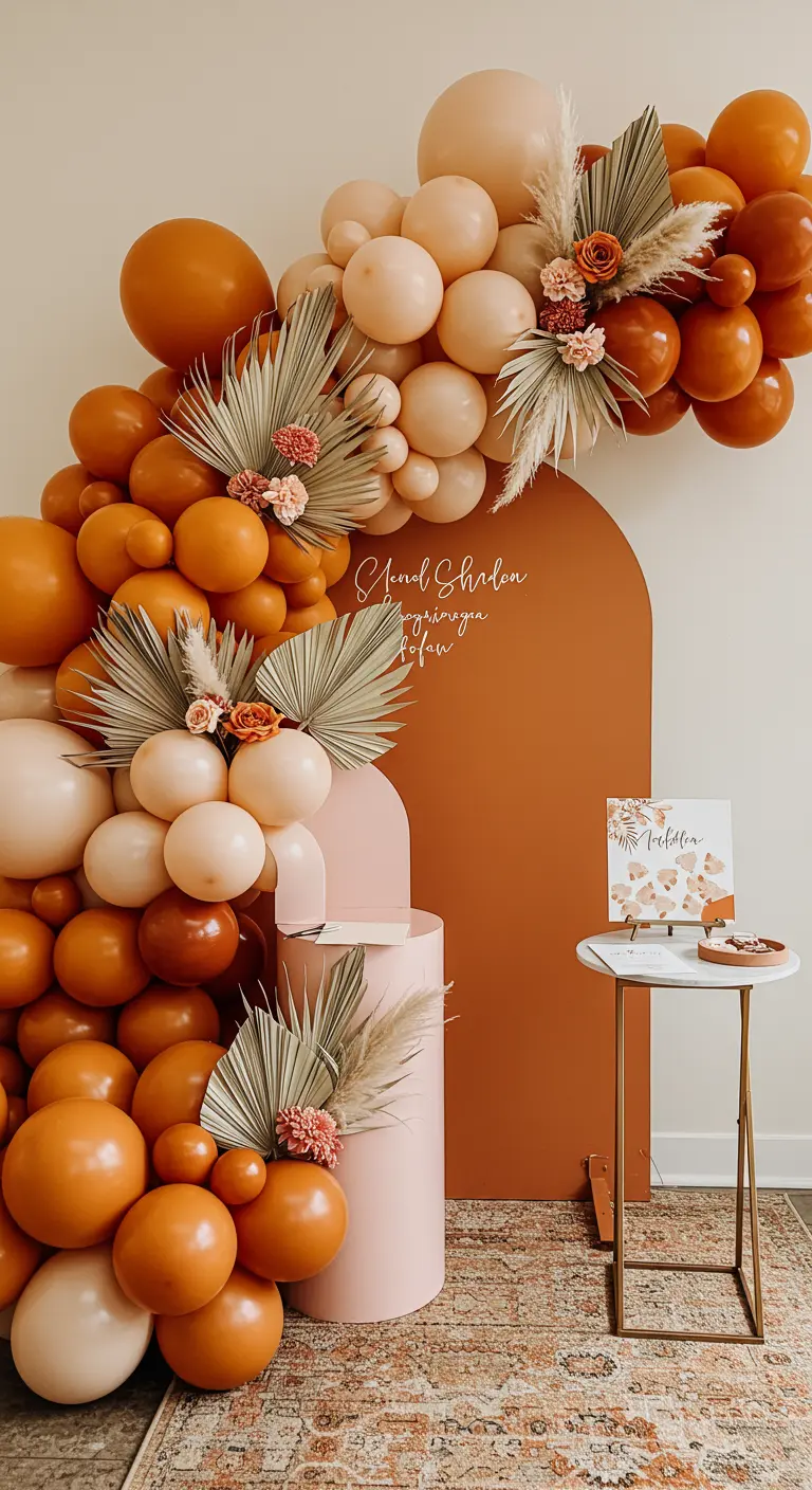 A modern balloon arch in terracotta and blush tones, accented with dried palm leaves and pampas grass.