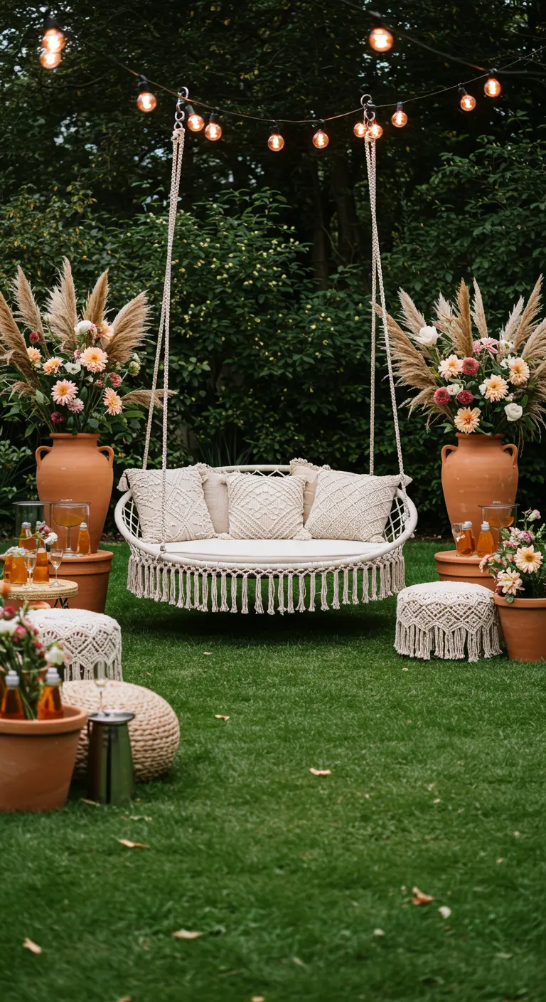 White macramé swing set up for a party with large floral urns.