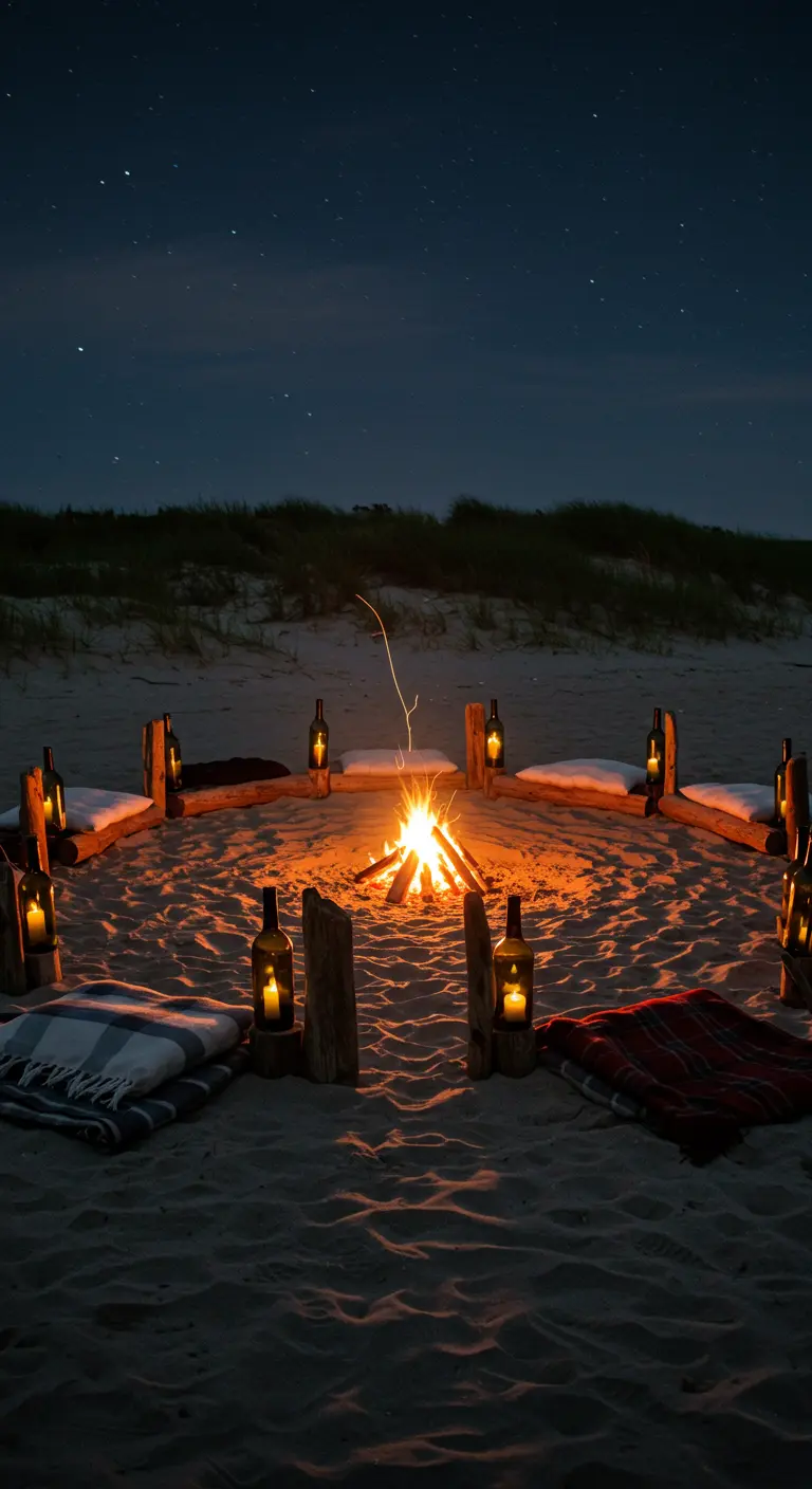 Wine bottle candles on log posts arranged in a circle around a bonfire on the beach.