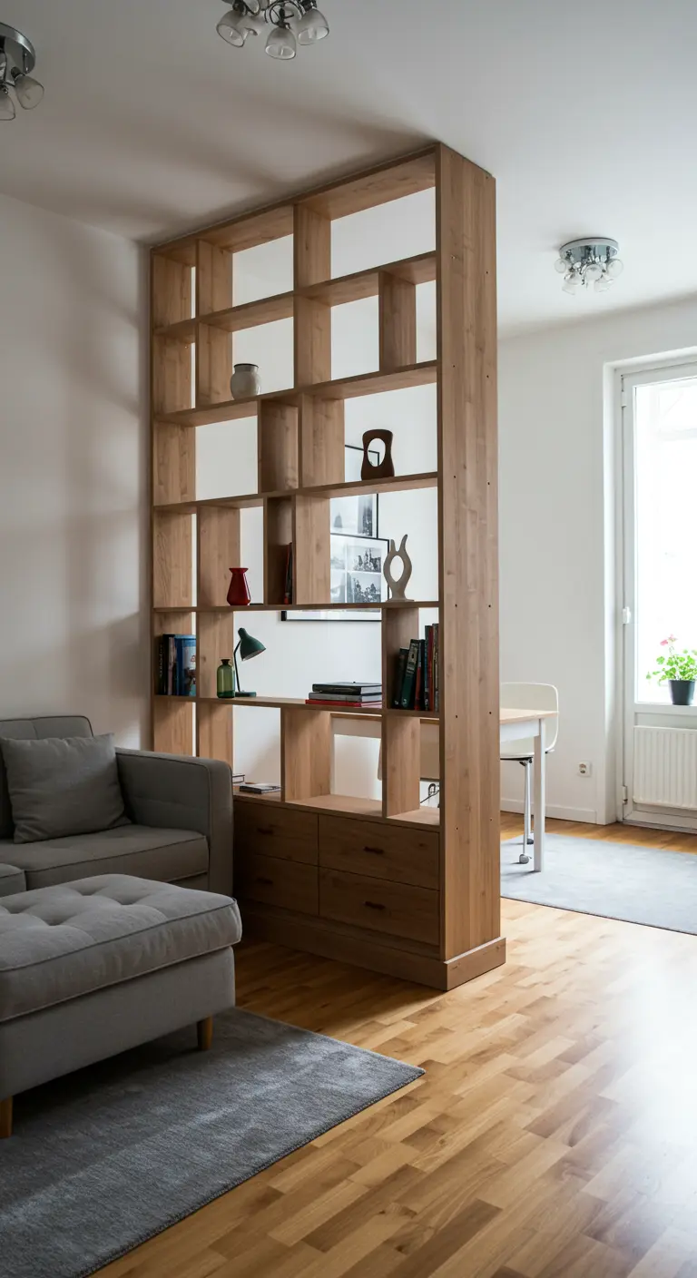 An open-plan room divided by a tall, light wood bookshelf, separating a lounge area from a dining nook.