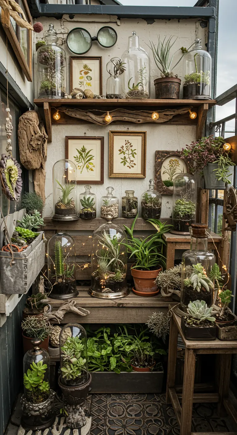 A balcony filled with shelves displaying plants in glass cloches, terrariums, and framed botanical prints.
