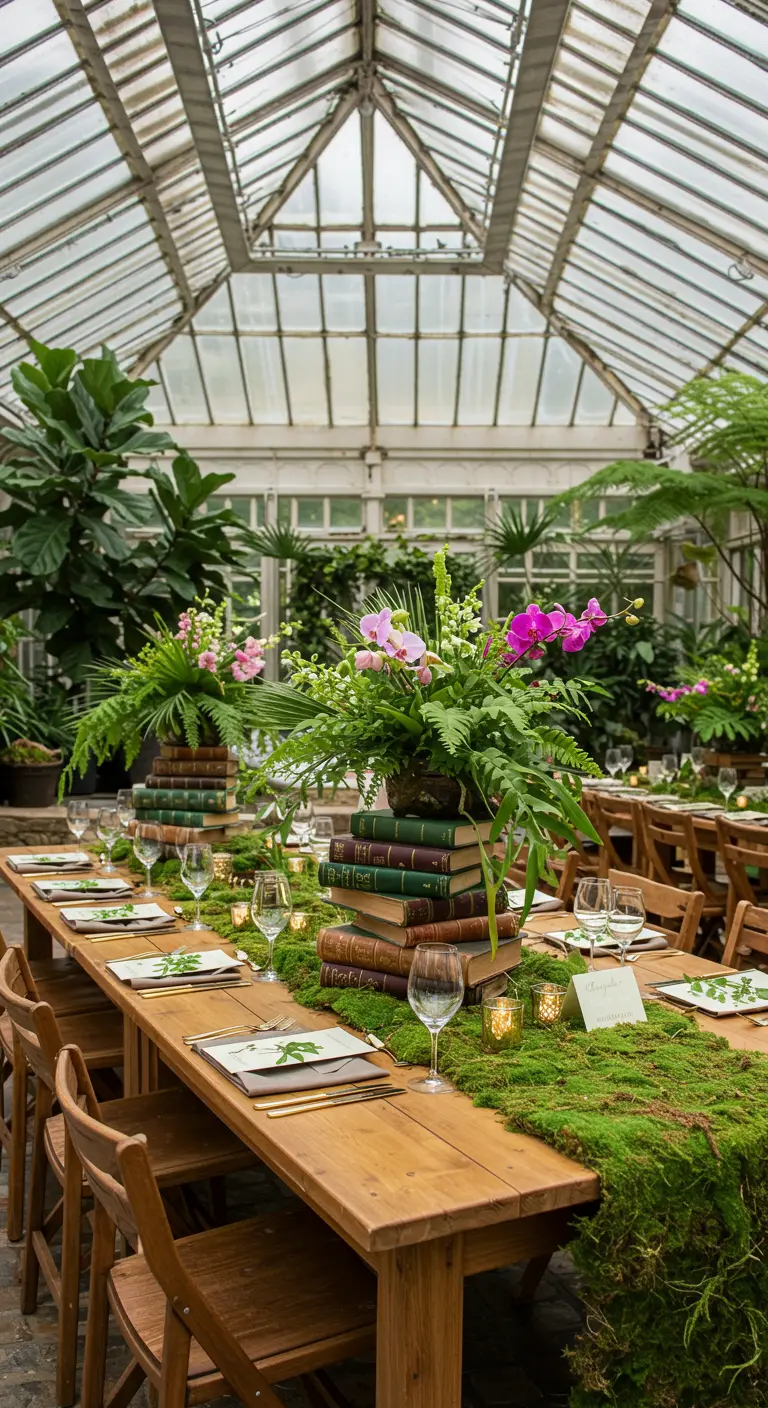 A long wooden table in a greenhouse with a moss runner and book-and-orchid centerpieces.