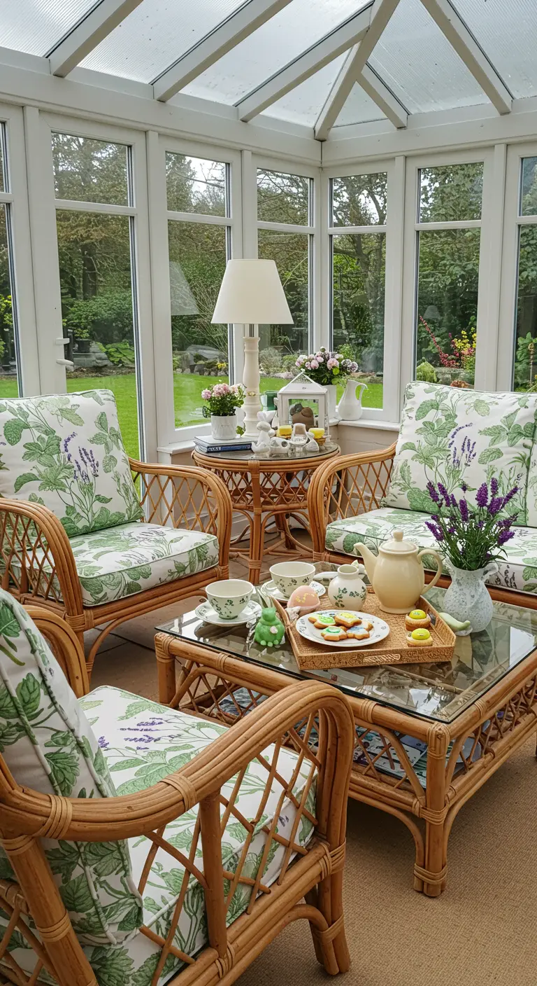 Sunroom with rattan furniture and cushions featuring a lavender print.