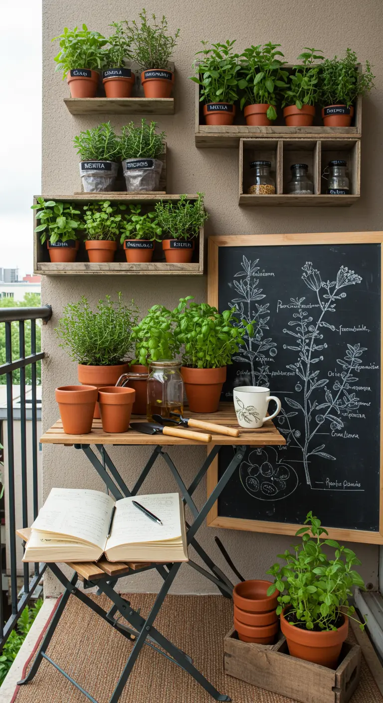 A scholarly balcony with a large botanical drawing on a chalkboard next to shelves of herbs.