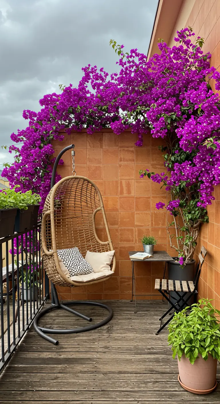 A wicker egg chair on a balcony, nestled under a huge arch of purple bougainvillea.