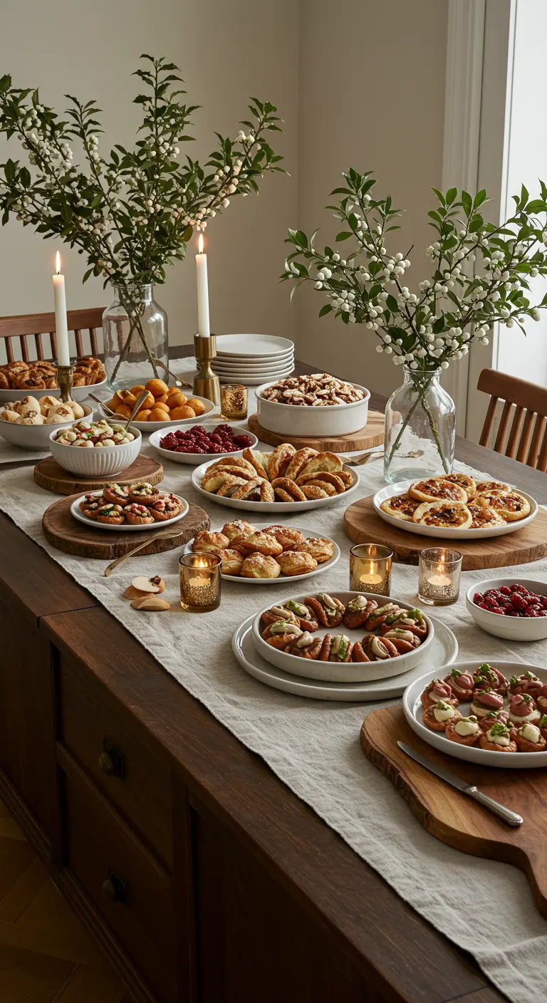 A beautiful Scandinavian holiday buffet with pastries, berries, and nuts on a wooden table.
