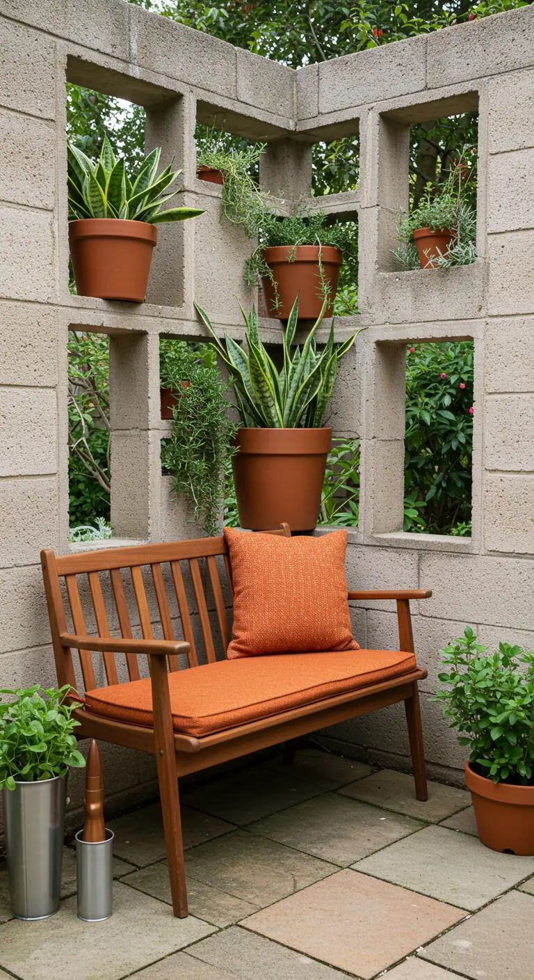 A garden nook screened by a wall of concrete breeze blocks, with some openings holding potted plants.