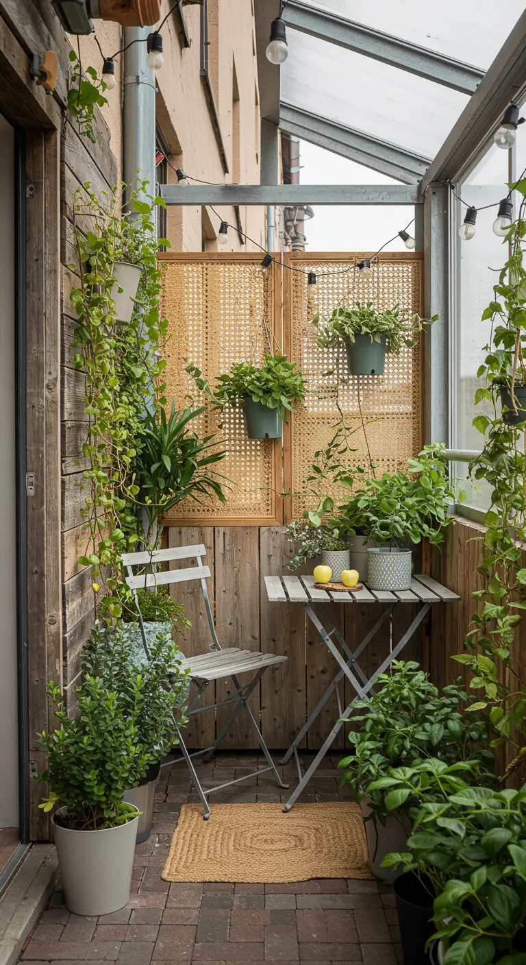 Two hanging cane panels provide privacy on a balcony with potted plants.