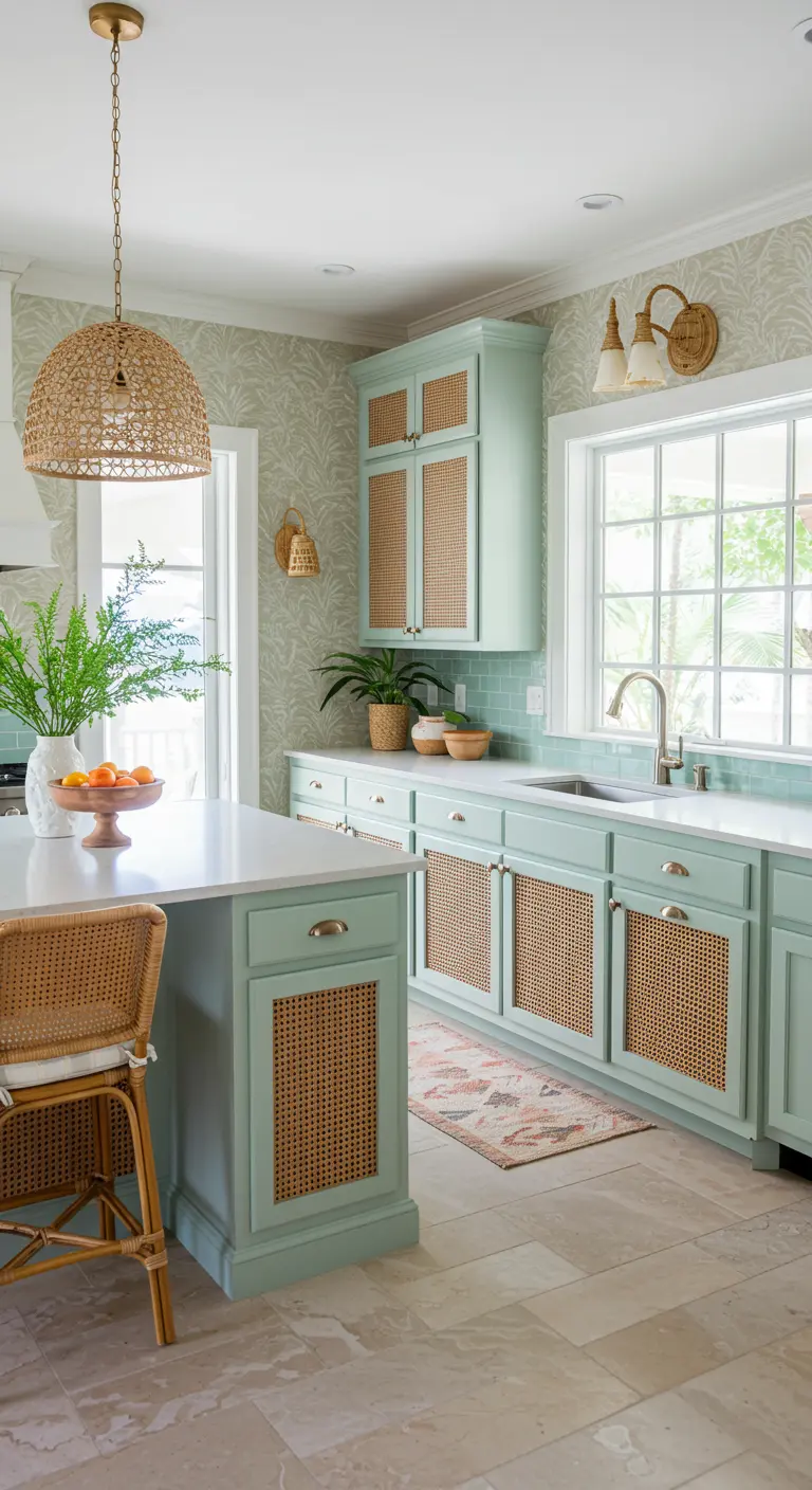 Coastal-style kitchen with mint green cabinets featuring cane inserts and woven light fixtures.