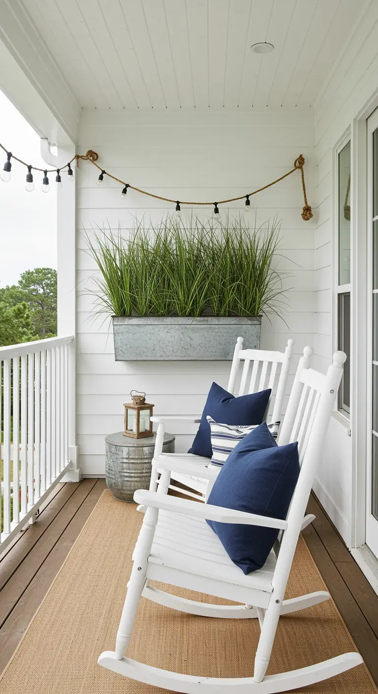 Two white rocking chairs on a balcony with a galvanized metal planter and rope details.