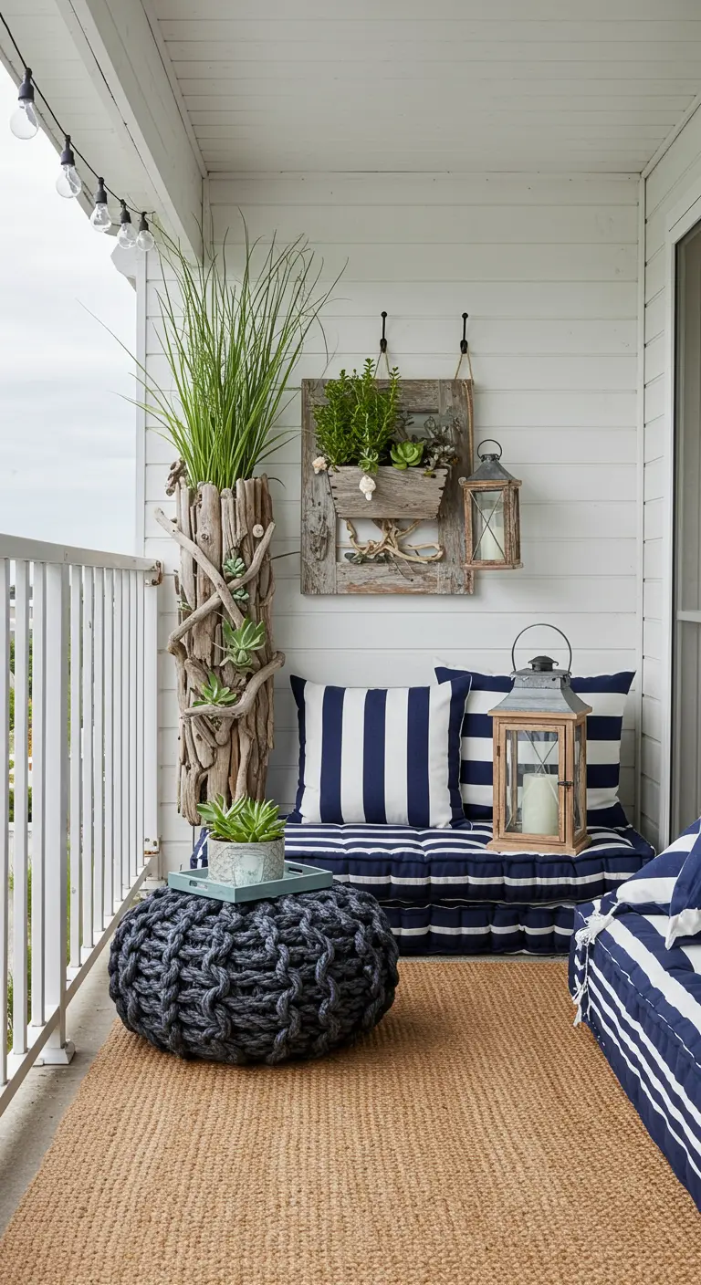 A coastal-themed balcony with driftwood planters, navy and white striped cushions, and a rope pouf.