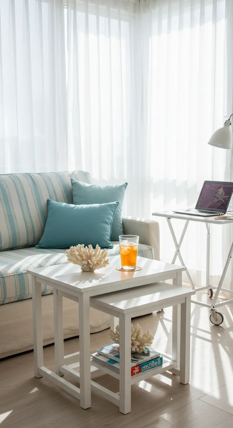 A bright, coastal-style room with a striped sofa, white nesting tables, and a mobile laptop desk.