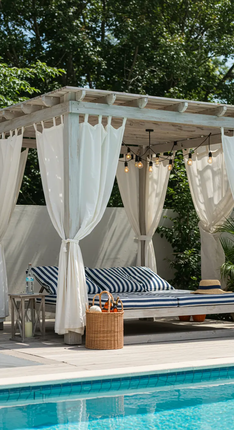 A white-painted pergola by a pool, draped with sheer white curtains, creating a cabana feel.