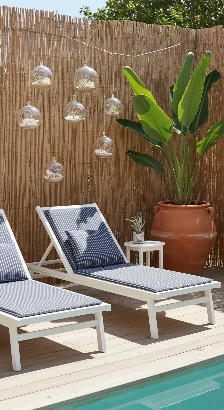 Poolside loungers with striped cushions in front of a bamboo screen with shell-filled globes.