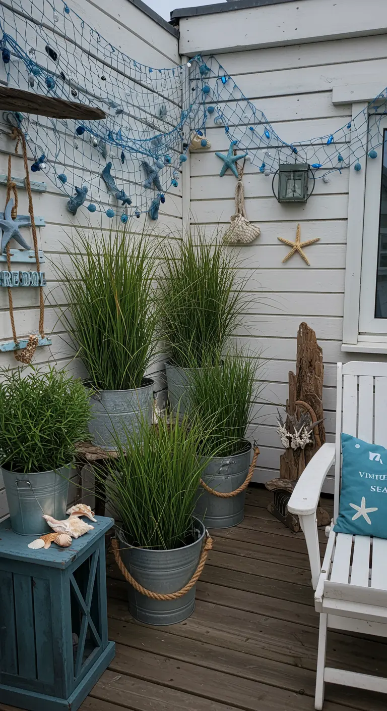 A coastal-themed balcony with white wood walls, fishing nets, driftwood, and tall grasses.