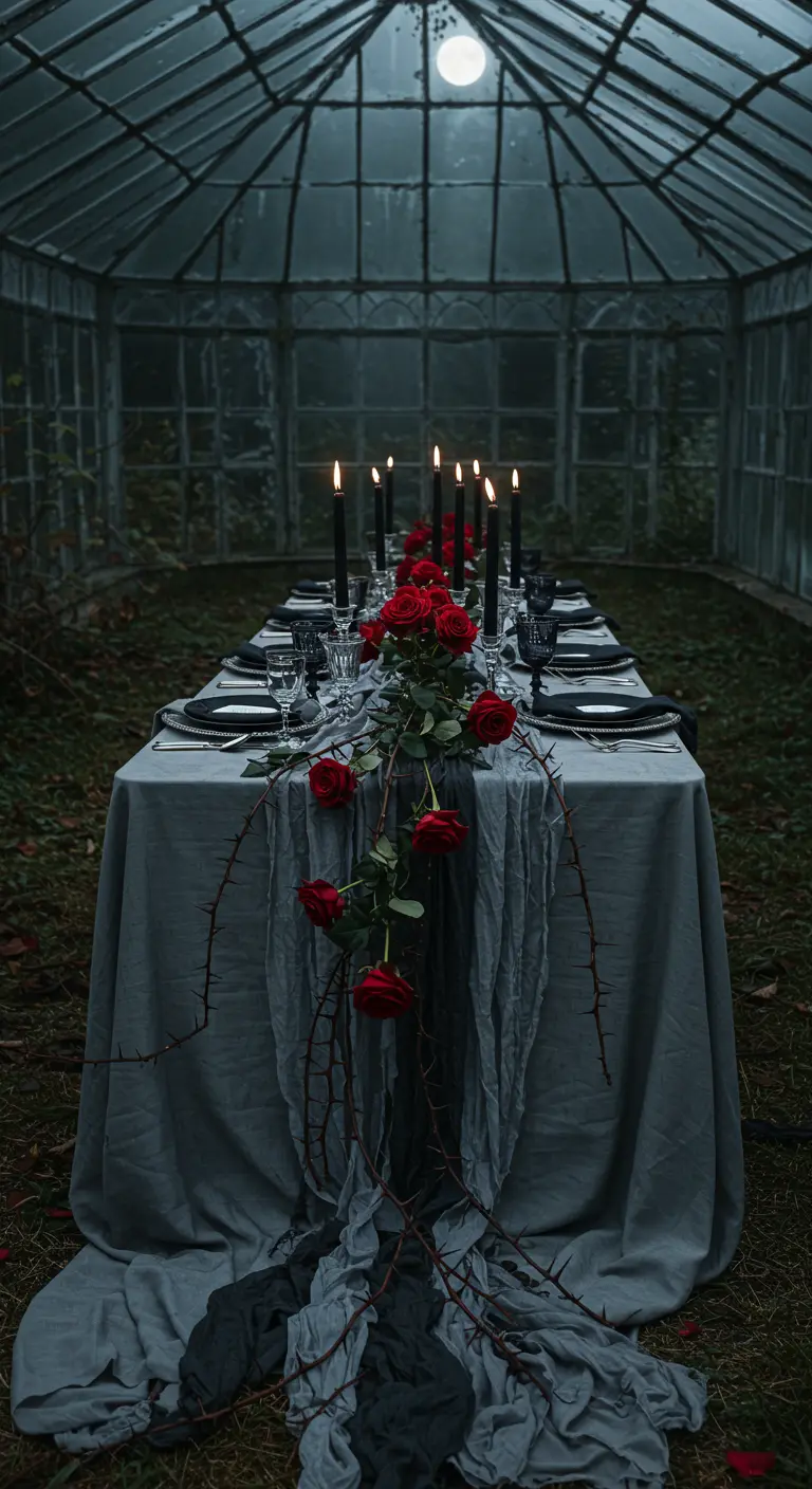 Moody table in a greenhouse with a grey tablecloth and thorny vines with red roses.