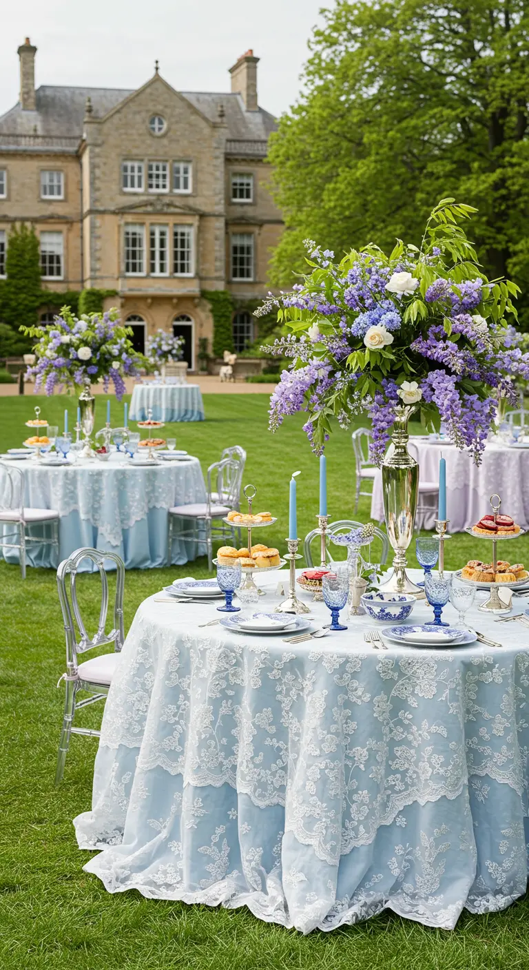 Elegant lawn party tables with blue and white lace tablecloths.