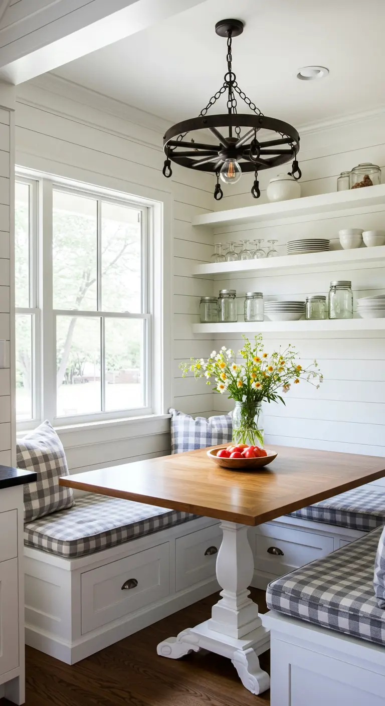 Farmhouse dining nook with a white shiplap wall, built-in banquette, and gingham cushions.