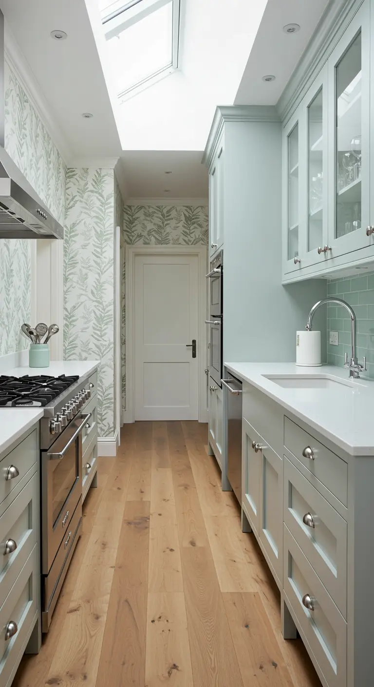 A narrow galley kitchen with light blue cabinets, skylight, and a delicate leaf wallpaper.