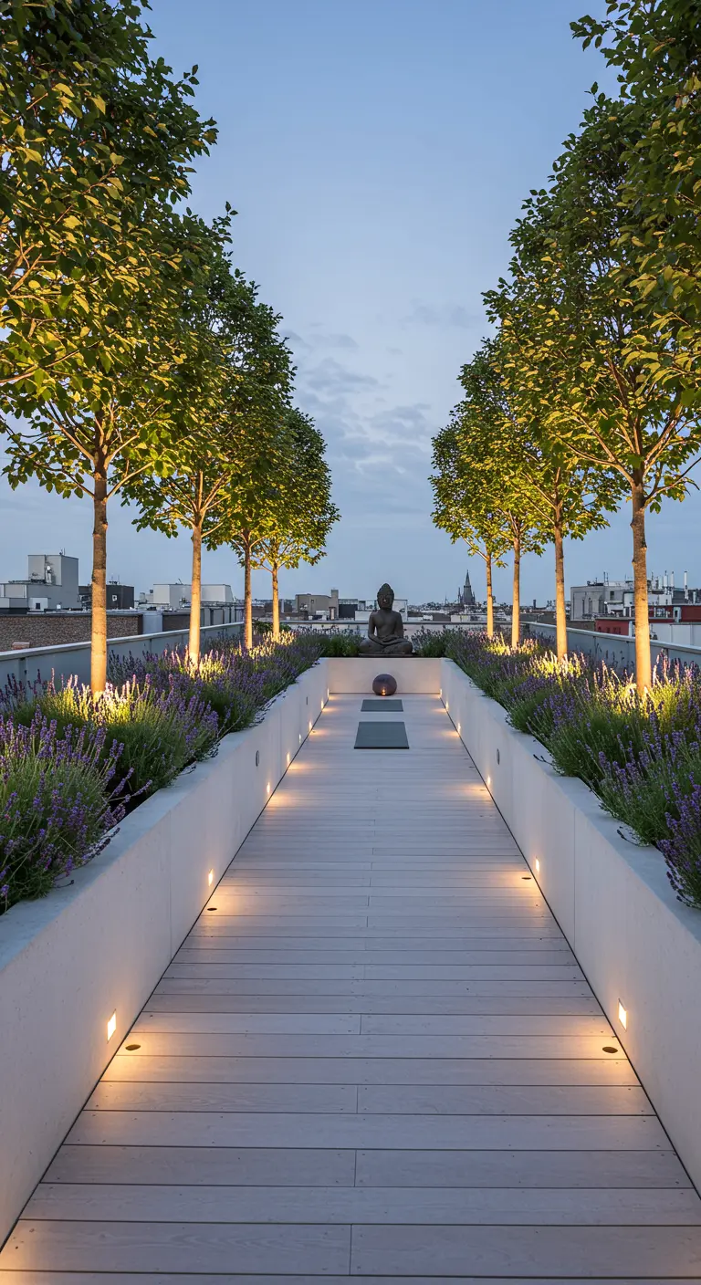 A long rooftop deck leading to a Buddha statue, flanked by planters with lavender.