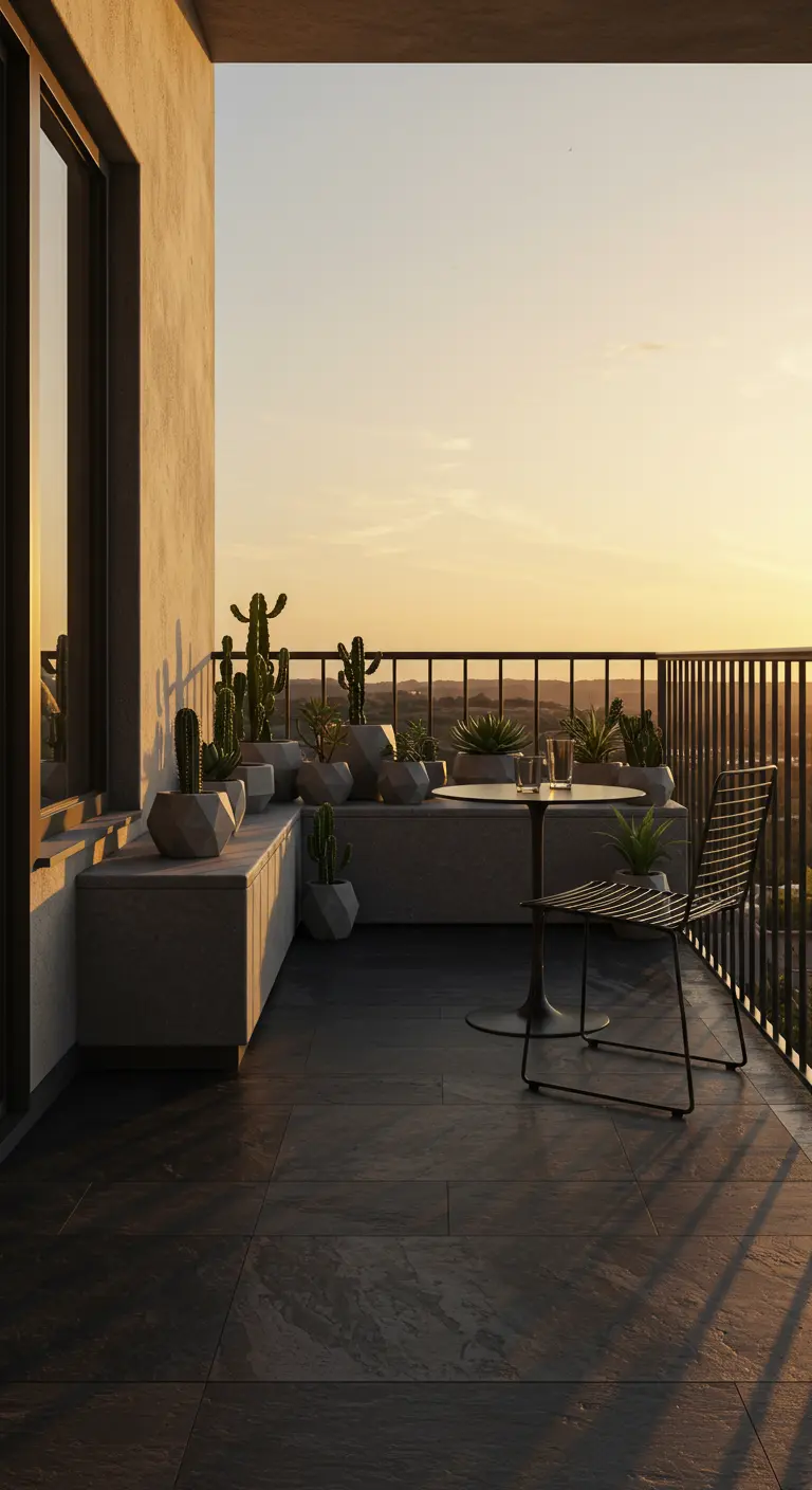 A modern balcony with a built-in concrete bench holding a variety of cacti and succulents at sunset.