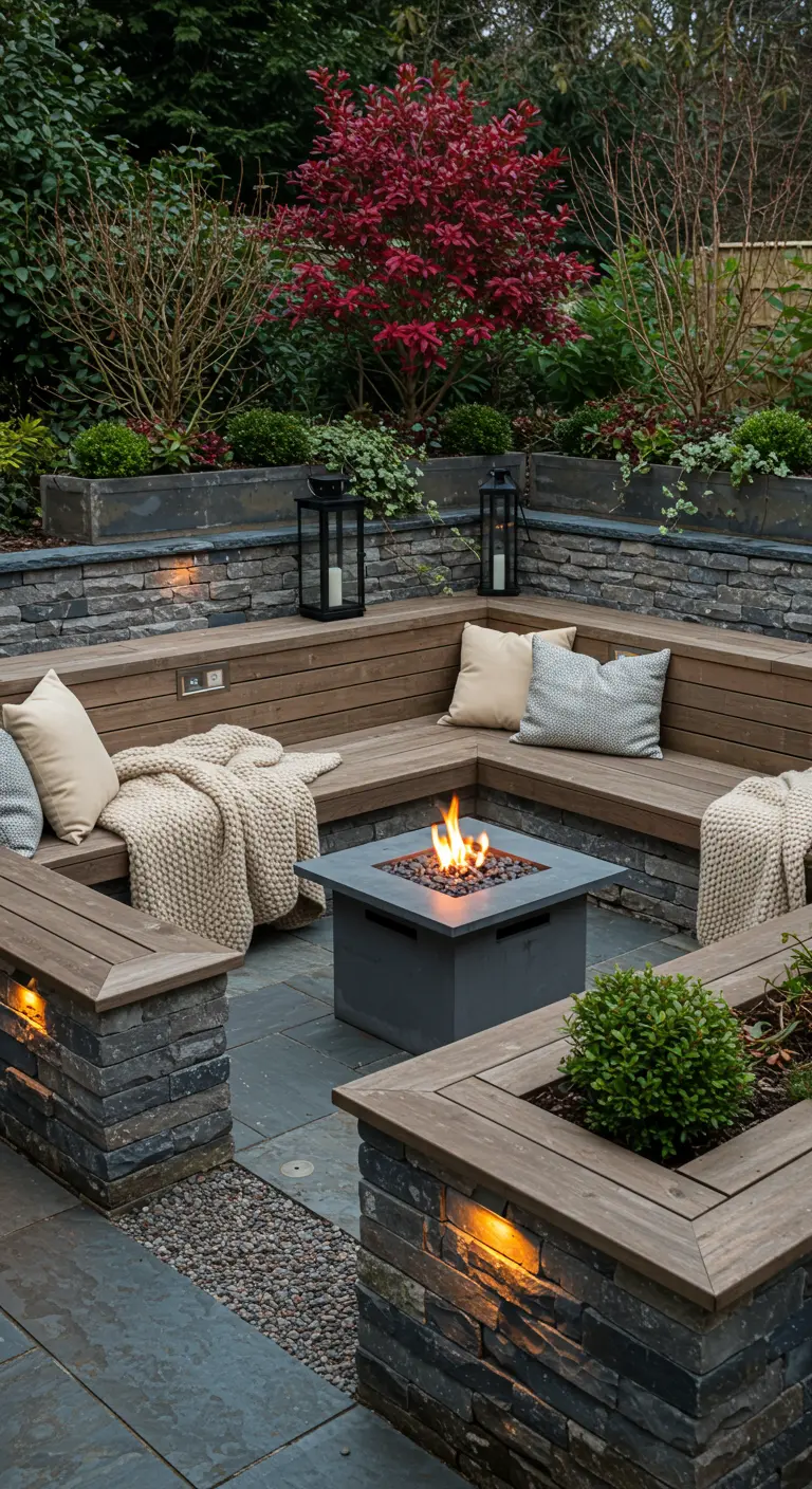 A sunken patio with a built-in wooden bench, a fire pit, and soft throw blankets.