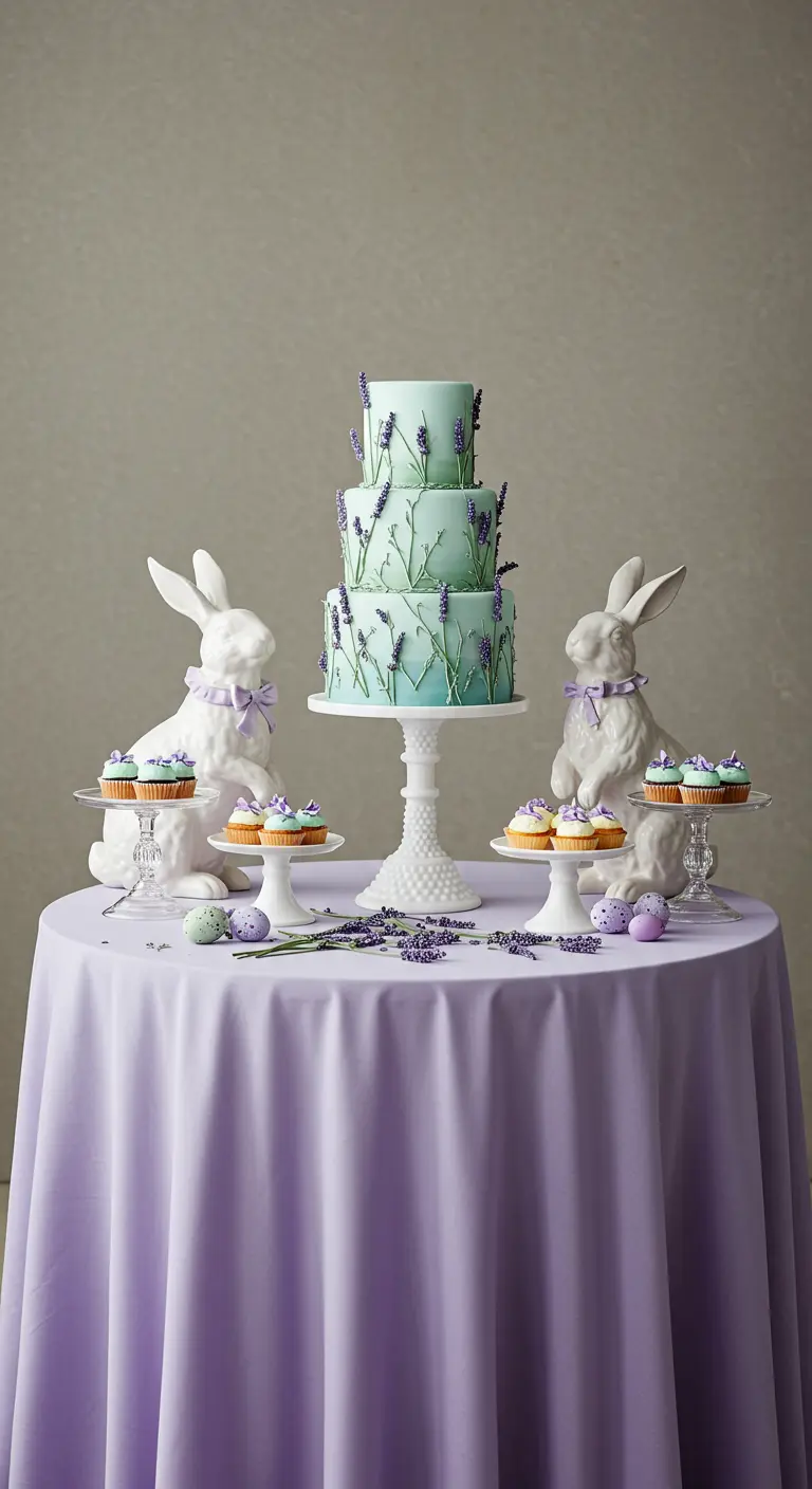 A mint and lavender Easter cake flanked by two large ceramic bunnies.