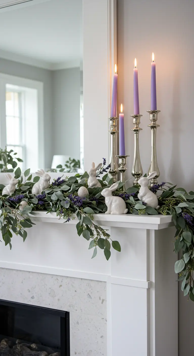 Easter mantel decorated with a eucalyptus garland, lavender candles, and bunnies.