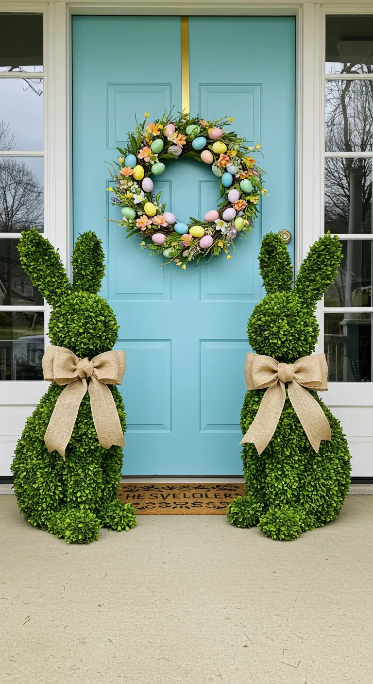 Two large bunny topiaries with burlap bows flanking a blue front door with an Easter wreath.